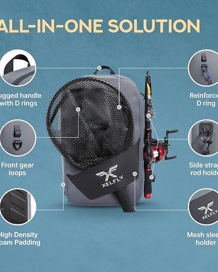 Xelfly Waterproof Fishing Sling Backpack Bag with Rod Holder, Gear Loops - Submersible Zipper, Rugged Top Handle, Adjustable Attachments (Gray)