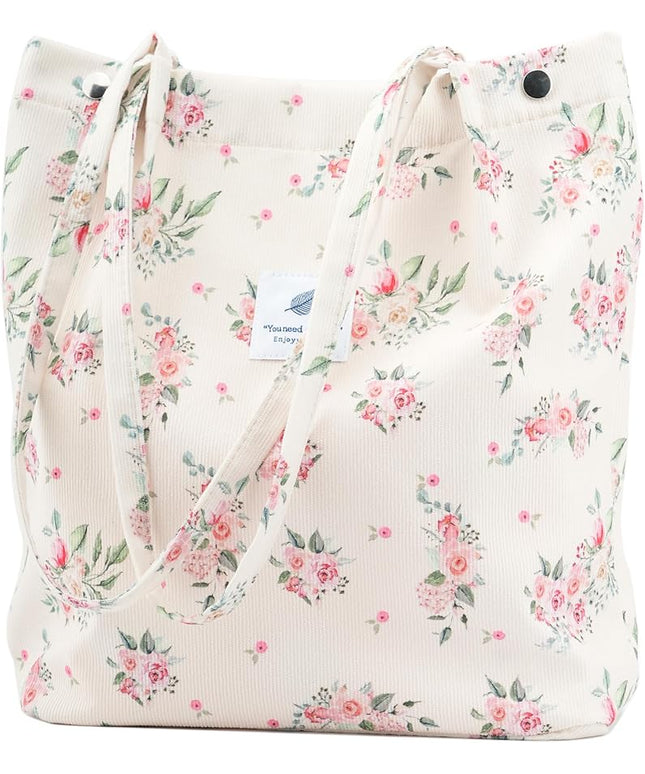 Corduroy Tote Bag Cute Tote Bags for Women Shoulder Bag with Inner Pocket for Work Beach Travel and Shopping Grocery