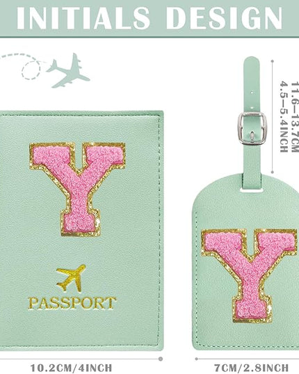 COSHAYSOO Initial Passport Cover Luggage Tag Set Letter Passport Holder Airplane Cruise Travel Essentials Vacation Traveling Accessories Personalized Gifts for Women Teen College Girls Teal Y