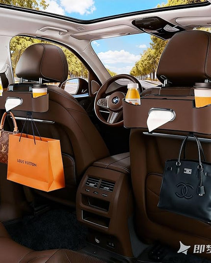 Car Backseat Organizer for Kids & Travelers - 4 in 1 Multifunctional Car Seat Back Storage with Cup Holder, Tissue Box, Snack/Handbag Holder - Nappa Leather Universal Fit for SUV/Van/Sedan (Brown)