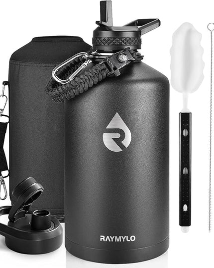 One Gallon Water Bottle Insulated, Triple Walled Vacuum Stainless Steel (Cold for 48 Hrs), Leak Proof & Non-BPA, Large Water Flask Jug with Paracord Handle & Straw Spout Lids