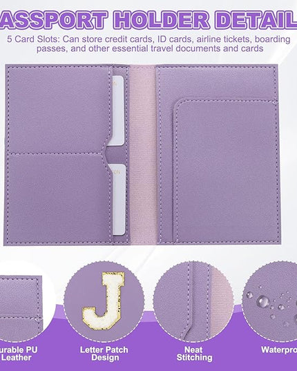 PATIKIL Passport Holder for Travel, Initial Passport Cover and Luggage Tag Set with Alphabet Chenille Letter Patch Travel Wallet Bag Suitcase Identifier for Women Family Travel Purple J