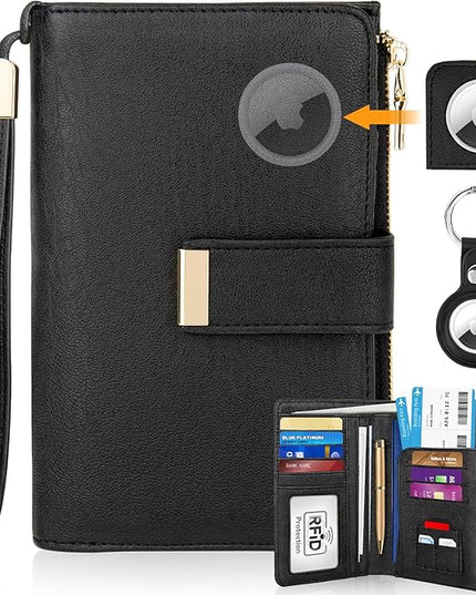 HUANLANG Passport Holder with Airtag for Women/Men, Airtag Passport Wallet for Travel Leather Passport Holder RFID Blocking,Travel Passport Walelt with Credit Card Holder