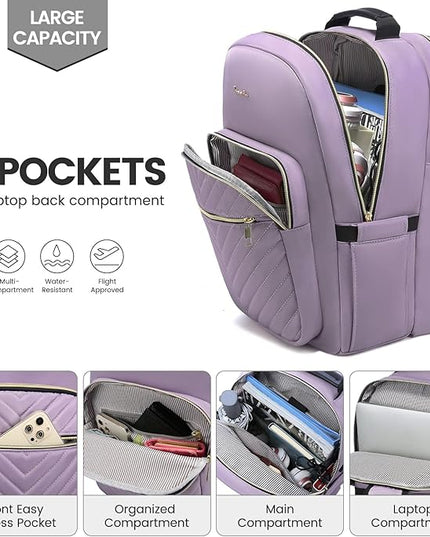 LOVEVOOK Laptop Backpack for Women 15.6 inch,Cute Womens Travel Backpack Purse,Professional Laptop Computer Bag,Waterproof Work Business College Teacher Bag Carry on Backpack with USB Port,Taro Purple