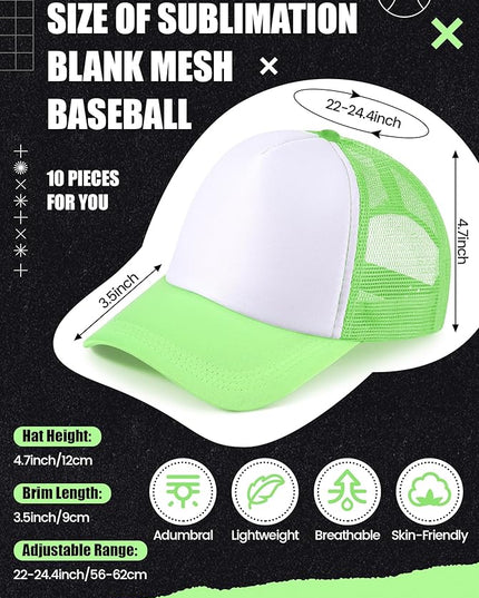 10 Pcs Sublimation Blank Trucker Hats Bulk Mesh Baseball Cap Polyester Mesh Trucker Hat for Men and Women