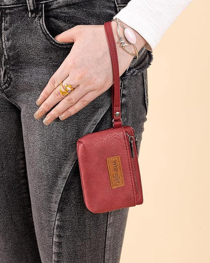 Montana West Wrangler Coin Purse for Women RFID-blocking Floral Embossed Change Pouch Wristlet Wallet Lightweight Portable Wallets Burgundy Red