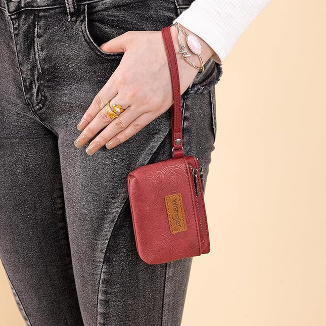 Montana West Wrangler Coin Purse for Women RFID-blocking Floral Embossed Change Pouch Wristlet Wallet Lightweight Portable Wallets Burgundy Red