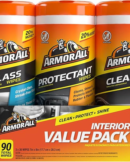 Armor All Car Interior Value Pack, 90 Count, Includes Auto Glass Cleaner, Cleaning Wipes and Protectant Wipes