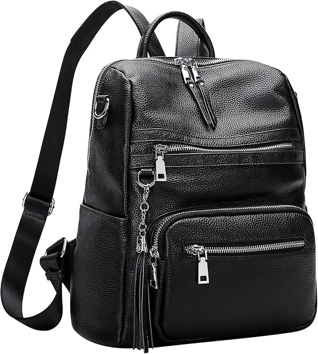 ALTOSY Genuine Leather Backpack Purse for Women Large Shoulder Bag With Laptop Compartment Multiple Pockets(S106 Black)