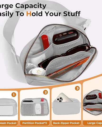 Cwualo Belt Bag Zipper Fanny Pack Crossbody Bags for Women,Fashion Nylon Waist Packs, Water Repellent Two Way wear with Adjustable Strap Gifts for Teenage Girls Women Men(light gray)