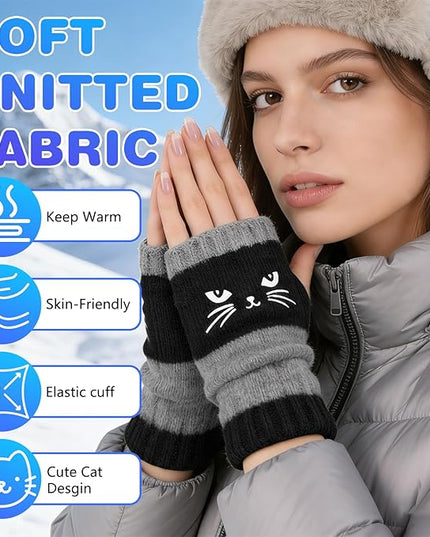 Women's Knitted Fingerless Gloves with Cute Cat Embroidery, Warm Fashion Leaky Finger Casual Cat Splicing Knitted Gloves