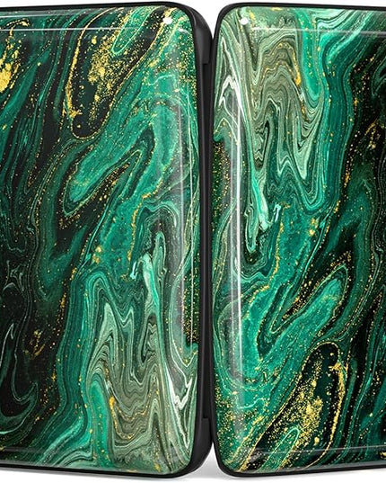 Atufsuat Credit Card Holder, Mini Aluminum Card Wallet RFID Blocking Slim Metal Hard Card Case for Women Men, Green Gold Marble