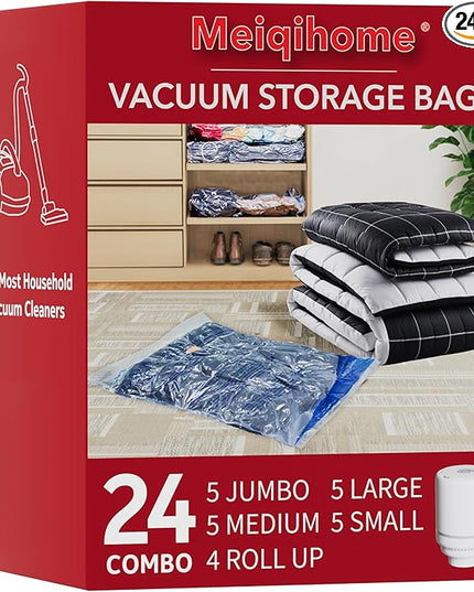 Vacuum Storage Bags with Electric Air Pump 24 Combo (5 Jumbo/5 Large/5 Medium/5 Small/4 Roll), Plastic Packaging Bags,Space Saver Sealer Bags for Clothes, Pillows, Comforters, Blankets, Bedding