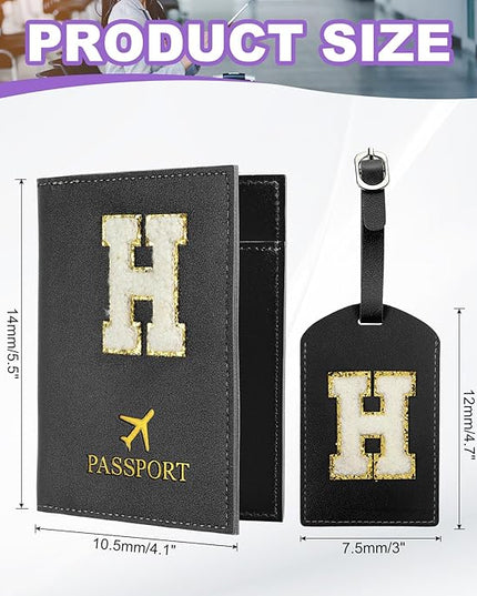 PATIKIL Passport Holder for Travel, Initial Passport Cover and Luggage Tag Set with Alphabet Chenille Letter Patch Travel Wallet Bag Suitcase Identifier for Women Family Travel Black H