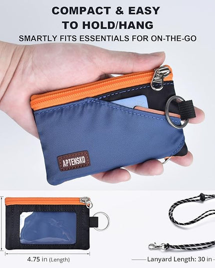 RFID Travel Wallet with Adjustable Lanyard-Zipper Small Wallet with ID Card Holder, Keychain for women&men-Minimalist Slim Waterproof Nylon case for ID, Cash, Key (Navy+Black)
