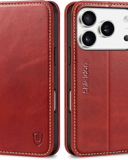 SHIELDON Genuine Leather Case Wallet for iPhone 17 Pro 6.3-inch 2025 | Book Design | Magnetic | Kickstand | RFID Blocking Credit Card Holder | Soft Shockproof Phone Cover | Retro Red
