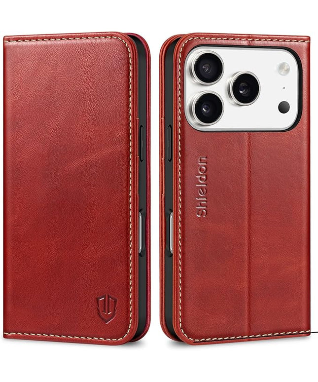 SHIELDON Genuine Leather Case Wallet for iPhone 17 Pro 6.3-inch 2025 | Book Design | Magnetic | Kickstand | RFID Blocking Credit Card Holder | Soft Shockproof Phone Cover | Retro Red