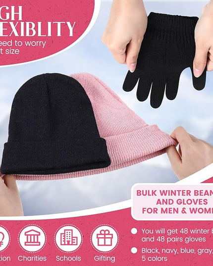 Tarpop 96 Pcs Winter Beanies and Gloves Bulk, Cold Weather Unisex Winter Hat and Gloves for Homeless Men Women