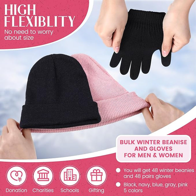 Tarpop 96 Pcs Winter Beanies and Gloves Bulk, Cold Weather Unisex Winter Hat and Gloves for Homeless Men Women