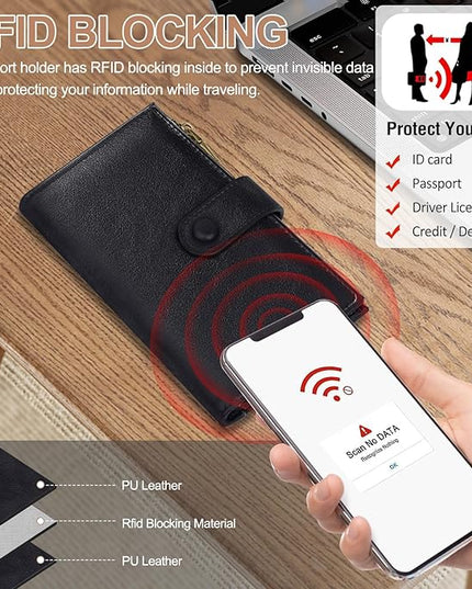 BKNOOU Passport Holder for Travel, RFID Blocking Passport Wallet Travel Wallet for Women Men, Leather Passport Cover with Zippered Coins Pocket, Trifold Clutch Wallet for Airport Essentials/Daily