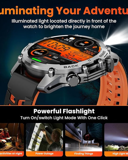 Hwagol Smart Watches for Men (Call/Notification),1.52'' Military Smart Watch, Two Style Kits,Flashlight,100+Sport Modes/Heart Rate/Sleep Monitor/Pedometer (Orange-Blue)