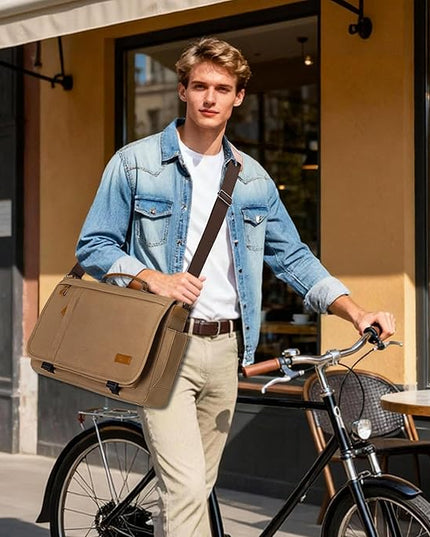 ESTARER Messenger Bag 17-17.3 Inch, Men's Computer Bag Water-resistant Canvas, Laptop Shoulder Bag for Travel Work College, Brown