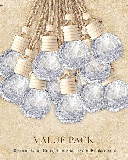 BBTO 50 Pcs Hanging Car Air Freshener Car Diffuser Bottles Empty Glass Perfume Bottle Freshener Diffuser Bottle Pendant for Essential Oil Fragrance Aromatherapy Bottle Ornament(Round Diamond)