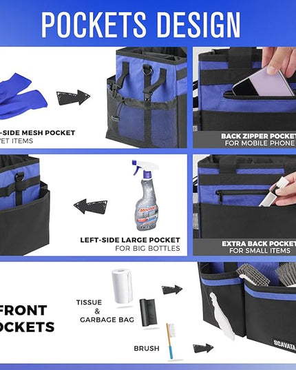 Compact Wearable Cleaning Caddy, Small Supplies Organizer with Handle & Shoulder Straps for Housekeepers, Under Sink & Car Cleaning Tool Organizer Bag (Blue)