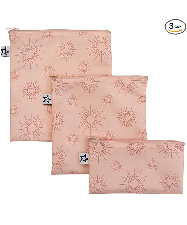 Tiny Twinkle Reusable Snack Bags for Kids – 3 Pack Snack Pouches & Sandwich Bag for Toddlers – Machine Washable, Mess-Proof for Lunch & Travel (Shine)