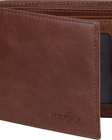 VISOUL Leather Wallets Bifold for Men with 2 ID Windwows, Men's Designer Card Holder Wallets with RFID Blocking (Brown)