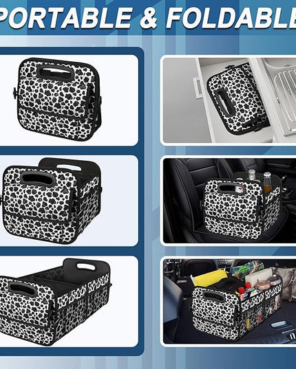 Deosk Car Organizer for SUV - 6 Big Pocket Trunk Storage With Waterproof Polyester, Car Accessories for Women/Men, Cow Print (Medium)