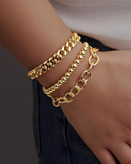 Gold Bracelets Set for Women Stack, Dainty Thick Bracelets Stack for Women Trendy, Simple Thin Gold Plated Cuff Stackable Bracelets With Beaded Cuban Paperclip Snake Rope Bangle Hand Chain Jewelry Gifts for Women Non Tainish