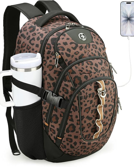 Swissdigital Laptop Backpack with USB Charging Port, Travel Backpack Fits 15.6 inches Computer, 31L Backpack for Men and Women, Brown Leopard | SD803-103