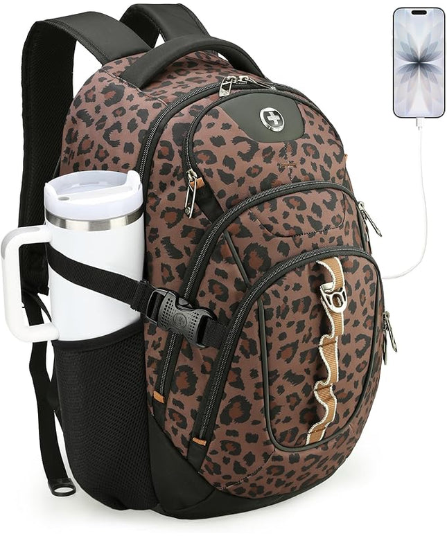 Swissdigital Laptop Backpack with USB Charging Port, Travel Backpack Fits 15.6 inches Computer, 31L Backpack for Men and Women, Brown Leopard | SD803-103