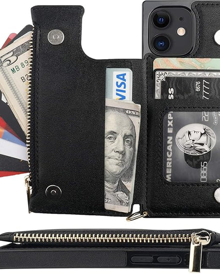 Bocasal Crossbody Wallet Case for iPhone 12 Mini with Card Holder,Zipper Card Slot Protector Shockproof Purse Cover with Removable Cross Body Strap 5.4 Inch(Black)