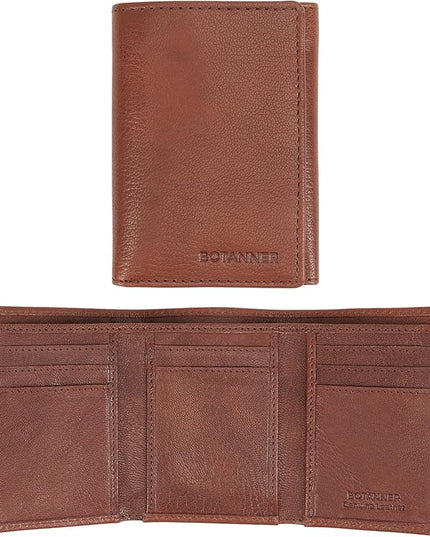BOTANNER Genuine Leather Trifold Wallet Men RFID Blocking 8 Credit Card Slots 1 Section for Bills 3 Hidden Pockets | Choco