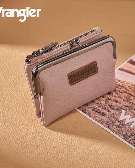 Montana West Wrangler Women's Wallet RFID Blocking Wallets Small Bifold Credit Card Holder with Kiss Clasp Pink