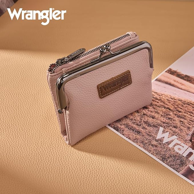 Montana West Wrangler Women's Wallet RFID Blocking Wallets Small Bifold Credit Card Holder with Kiss Clasp Pink
