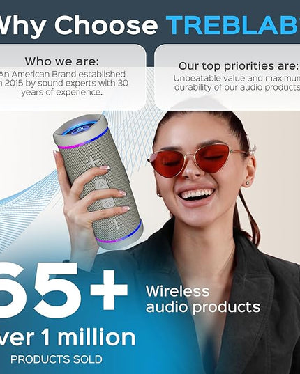 TREBLAB HD77 Bluetooth Speaker, 30W Portable Wireless Speaker with 360° Stereo Sound & Deep Bass, IPX7 Waterproof Outdoor Bluetooth Speaker, 20H Battery, TWS Pairing for Home, Beach, Pool, Camping