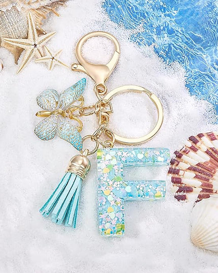 Fashion Alphabet Initial Letter Keychain Tassel Butterfly Pendant Key Ring for Purse Handbags Women Girl