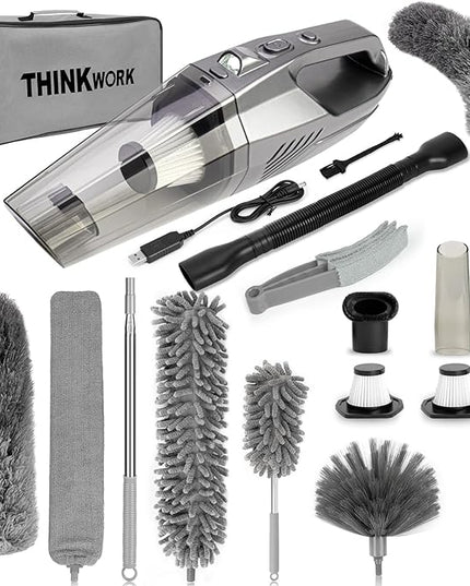 THINKWORK Microfiber Duster for Cleaning Car Cleaning Kit, Car Interior Detailing Kit with High Power Handheld Vacuum Cordless, Ceiling & Fan Duster for Home Cleaning