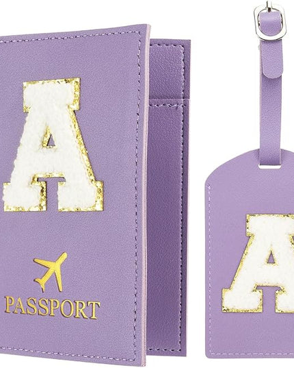 PATIKIL Passport Holder for Travel, Initial Passport Cover and Luggage Tag Set with Alphabet Chenille Letter Patch Travel Wallet Bag Suitcase Identifier for Women Family Travel Purple A