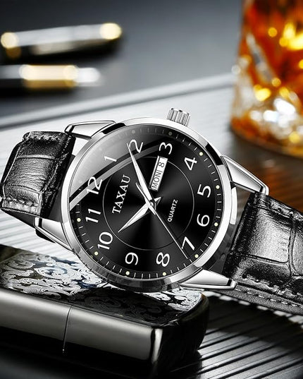 Men Dress Watch Waterproof Leather Watches for Men with Day Date Luxury Large Arabic Numerals Analog Quartz Classic Leather Watch Easy Read relojes para Hombres