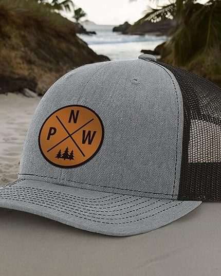Pacific Northwest Baseball Snapback Trucker Hats with Leather Patch for Men and Women PNW Gifts Outdoor Camping Hiking Cap