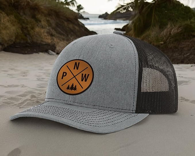 Pacific Northwest Baseball Snapback Trucker Hats with Leather Patch for Men and Women PNW Gifts Outdoor Camping Hiking Cap