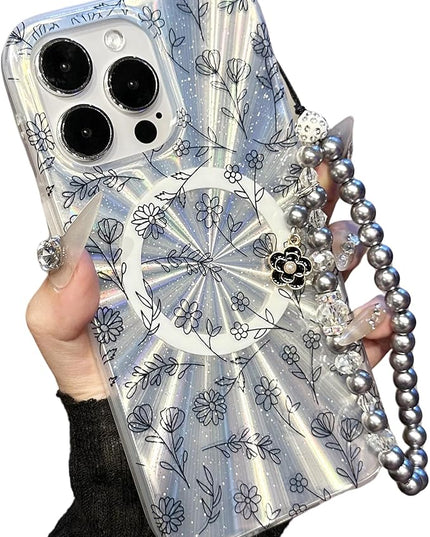 Compatible with iPhone 16 Pro Max Cases,Cute Flower Phone case with Floral Pearl Chain,Compatible MagSafe Silicone Shockproof Phone case for Women and Teenage Girls.