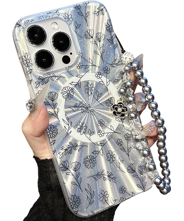 Compatible with iPhone 16 Pro Max Cases,Cute Flower Phone case with Floral Pearl Chain,Compatible MagSafe Silicone Shockproof Phone case for Women and Teenage Girls.