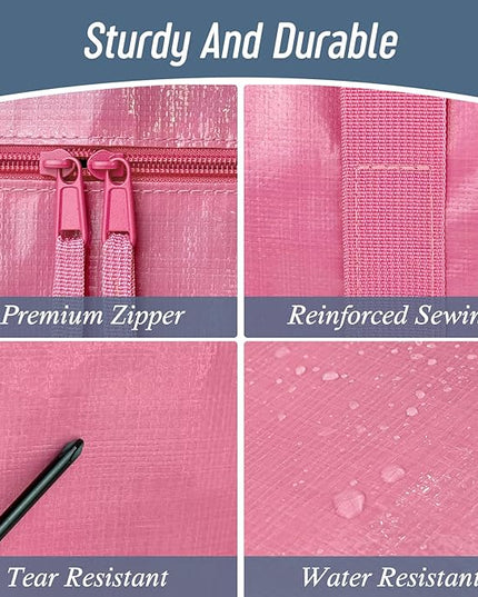 12 Pack Extra Heavy Duty Large Moving Bags with Strong Zipper & Comfortable Handles, Sturdy & Durable Clothes Storage Bags Totes Bins, Packing Moving Boxes for College Supplies, Pink