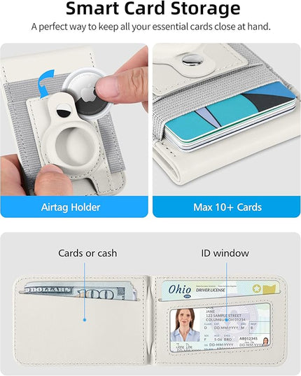 For Magsafe Wallet Stand with Airtag Holder, Strongest Magnetic Wallet for iPhone 17/16/15/14/13/12 Series, ID Window, 4 Card Slots, 10 Cards Holder, Vegan Leather, RFID Blocking, Milk White