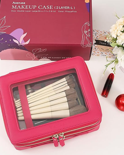 Aveniee XL Clear Makeup Organizer,Double Layer Travel Cosmetic Case with Brush Holder & Zippered Compartments,Big Toiletry Bag for Travel Accessories,2 Layers Large,Hotpink